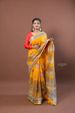 Load image into Gallery viewer, Mustard Yellow Linen Screen Print Saree with Ethnic Motifs
