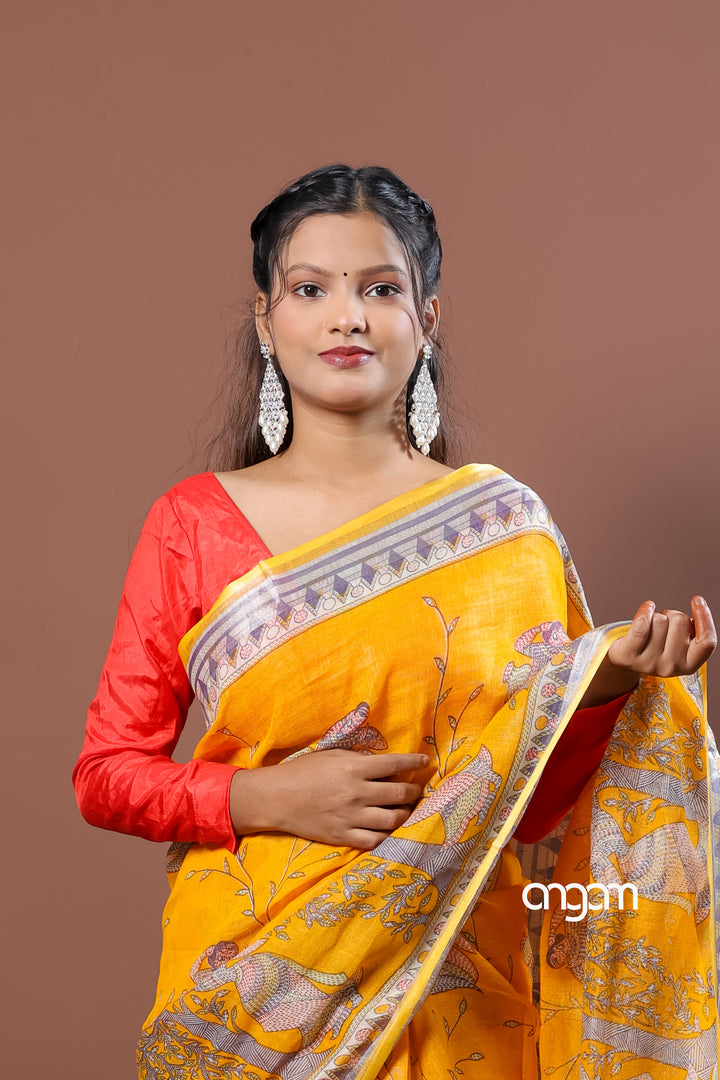 Mustard Yellow Linen Screen Print Saree with Ethnic Motifs