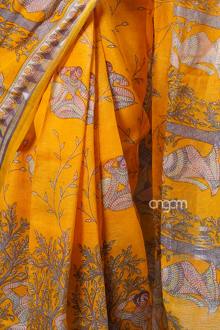 Mustard Yellow Linen Screen Print Saree with Ethnic Motifs