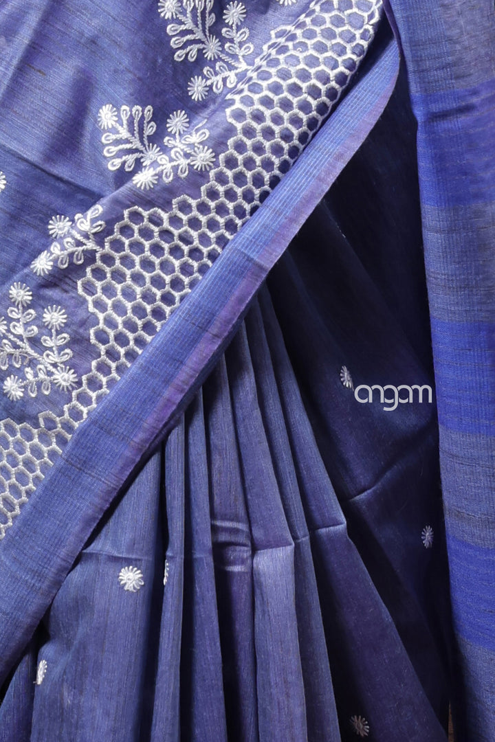 Elegant Blue Banswara Embroidery Saree with Delicate White Thread Detailing