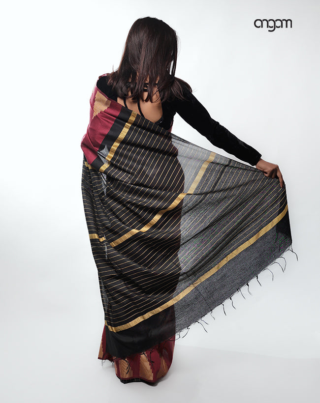 Elegant Maroon Liva Cotton Saree with Gold Striped Pallu