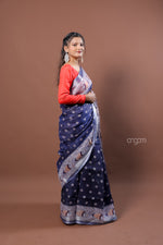 Load image into Gallery viewer, Navy Blue Linen Screen Print Saree with Traditional Motifs
