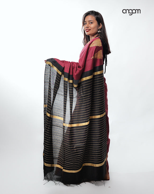 Elegant Maroon Liva Cotton Saree with Gold Striped Pallu