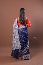 Navy Blue Linen Screen Print Saree with Traditional Motifs