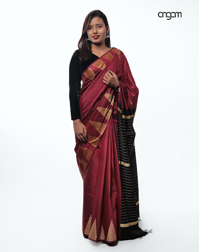 Elegant Maroon Liva Cotton Saree with Gold Striped Pallu