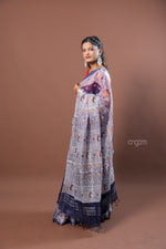 Load image into Gallery viewer, Navy Blue Linen Screen Print Saree with Traditional Motifs
