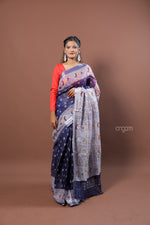 Load image into Gallery viewer, Navy Blue Linen Screen Print Saree with Traditional Motifs
