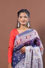Load image into Gallery viewer, Navy Blue Linen Screen Print Saree with Traditional Motifs
