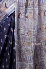 Load image into Gallery viewer, Navy Blue Linen Screen Print Saree with Traditional Motifs
