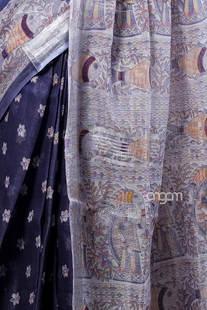 Navy Blue Linen Screen Print Saree with Traditional Motifs