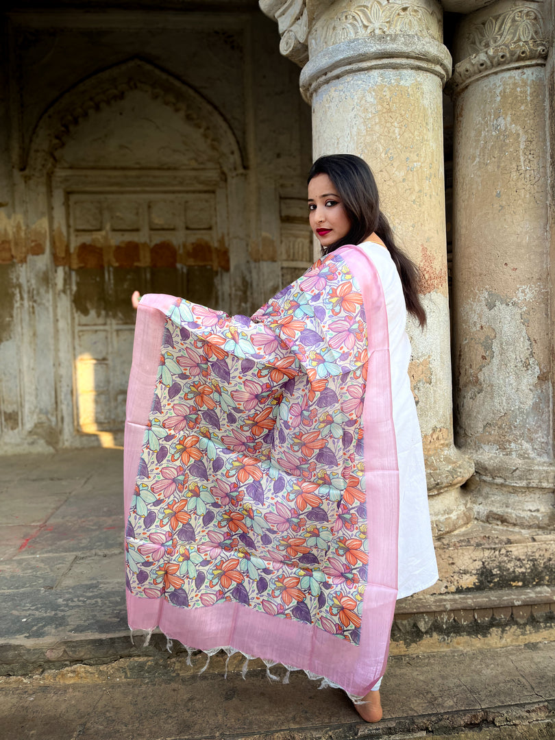 Floral Tussar Silk Dupatta with Soft Pink Border Detailing
