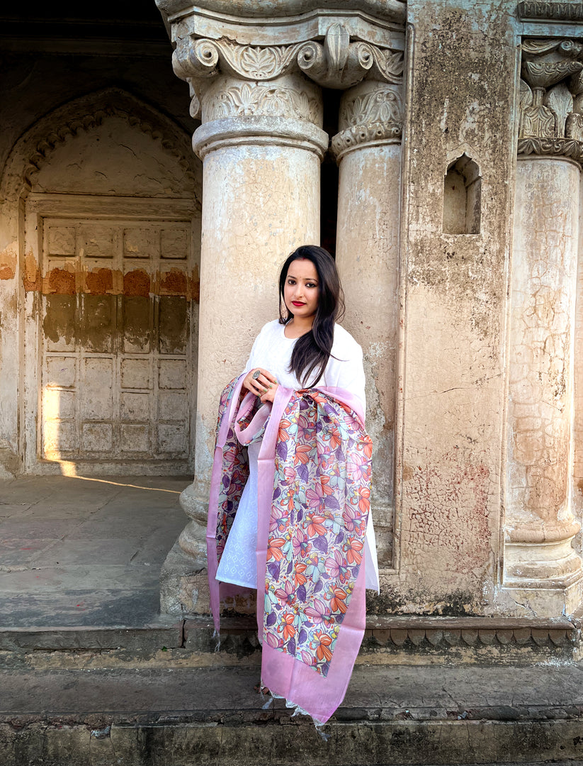 Floral Tussar Silk Dupatta with Soft Pink Border Detailing