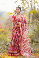 Load image into Gallery viewer, Elegant Red Malbari Silk Saree with Traditional Tribal Patterns
