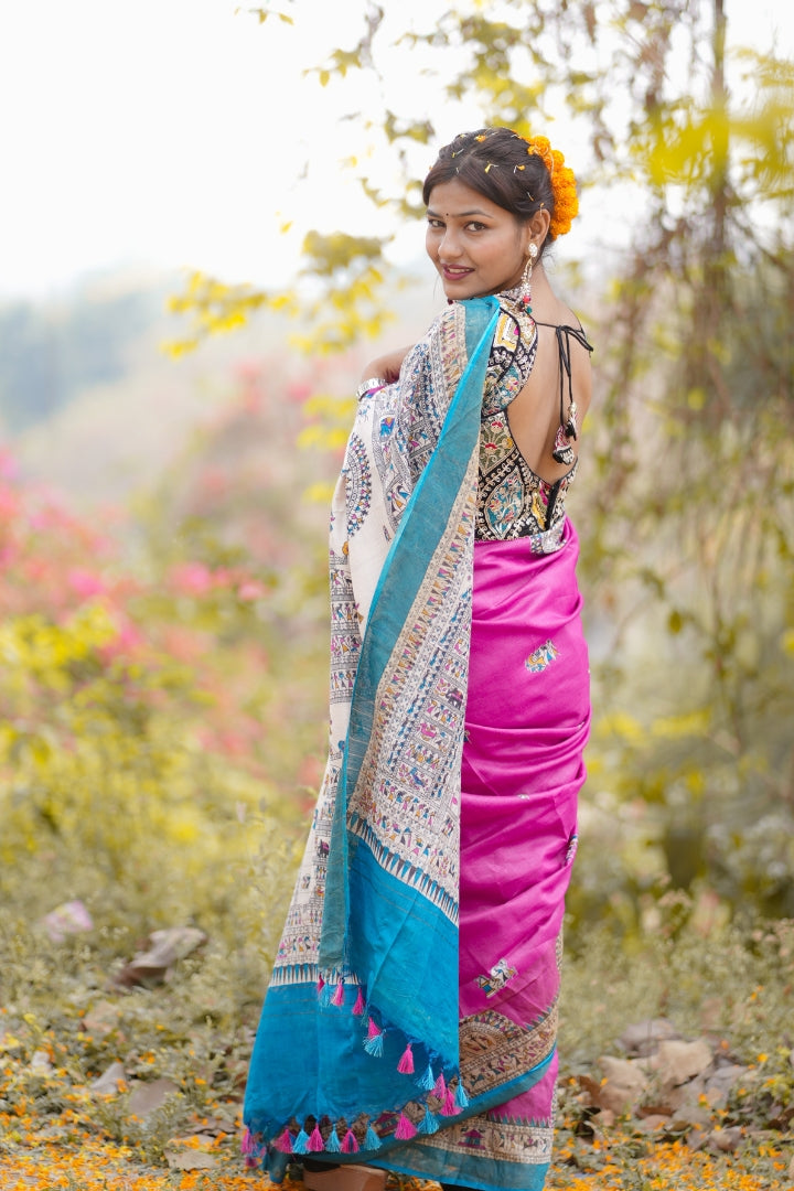 Pink and Blue Malbari Silk Saree with Elephant Motifs