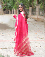 Load image into Gallery viewer, Elegant Pink Organza Saree with Golden Border for Festive Wear
