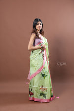 Load image into Gallery viewer, Light Green Tussar Digital Print Saree with Pink Border
