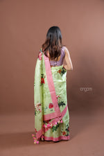 Load image into Gallery viewer, Light Green Tussar Digital Print Saree with Pink Border
