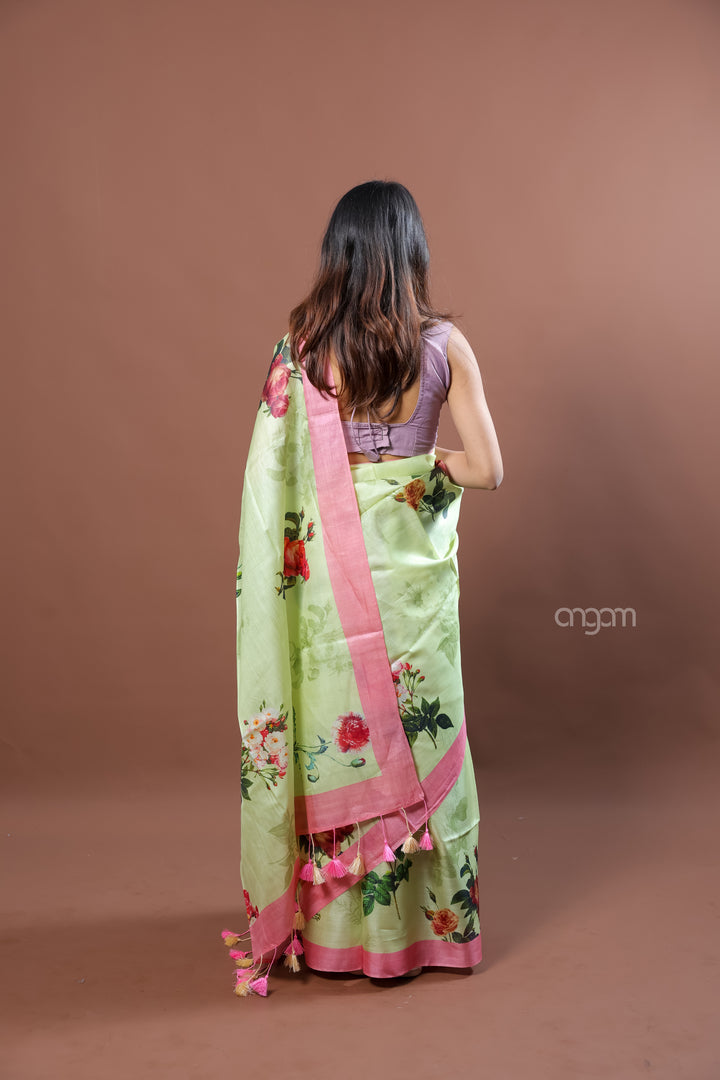 Light Green Tussar Digital Print Saree with Pink Border