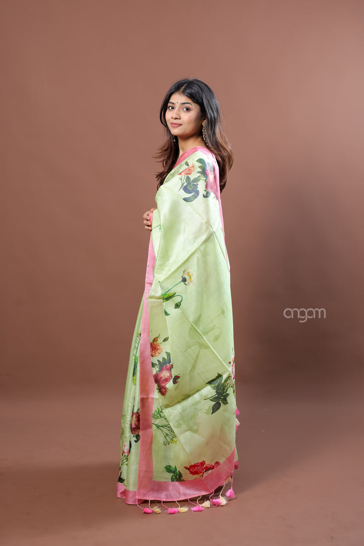 Light Green Tussar Digital Print Saree with Pink Border