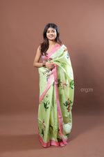 Load image into Gallery viewer, Light Green Tussar Digital Print Saree with Pink Border
