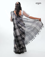 Load image into Gallery viewer, Graceful Black and White Checked Linen Saree with Tassel Detailing

