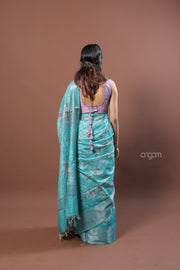 Teal Blue Kota Viscose Digital Print Saree with Floral Design