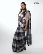 Load image into Gallery viewer, Graceful Black and White Checked Linen Saree with Tassel Detailing
