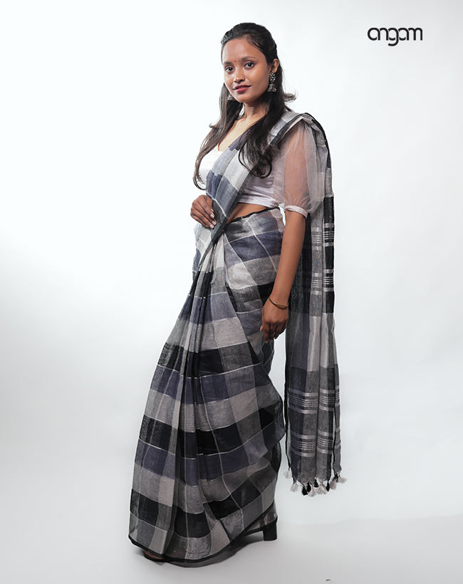 Graceful Black and White Checked Linen Saree with Tassel Detailing