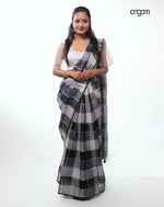 Load image into Gallery viewer, Graceful Black and White Checked Linen Saree with Tassel Detailing
