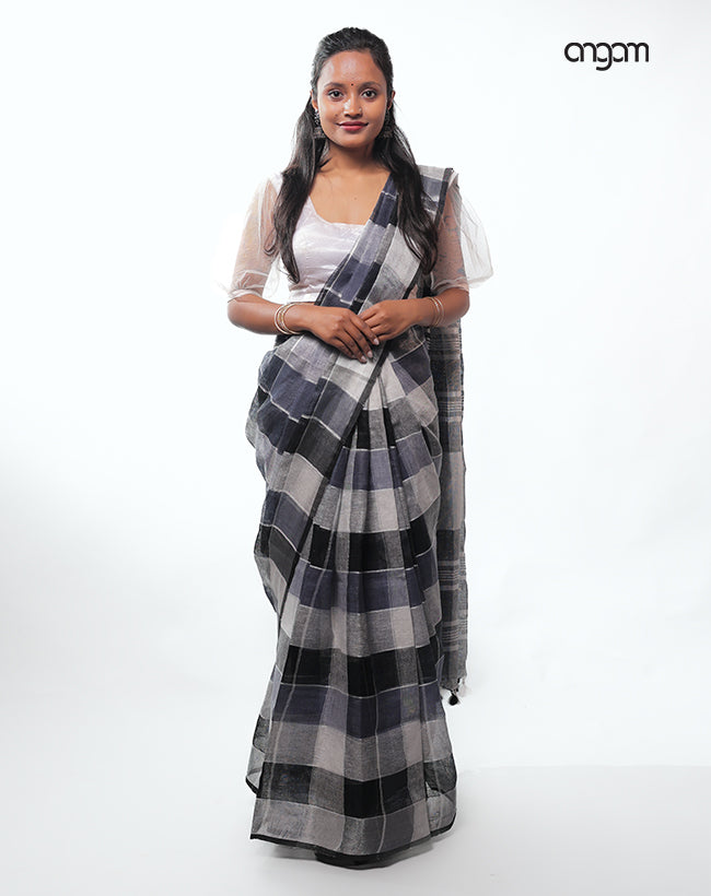Graceful Black and White Checked Linen Saree with Tassel Detailing