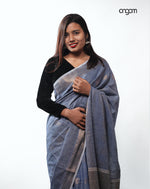 Load image into Gallery viewer, Elegant Blue Cotton Slub Saree with Subtle Golden Accents
