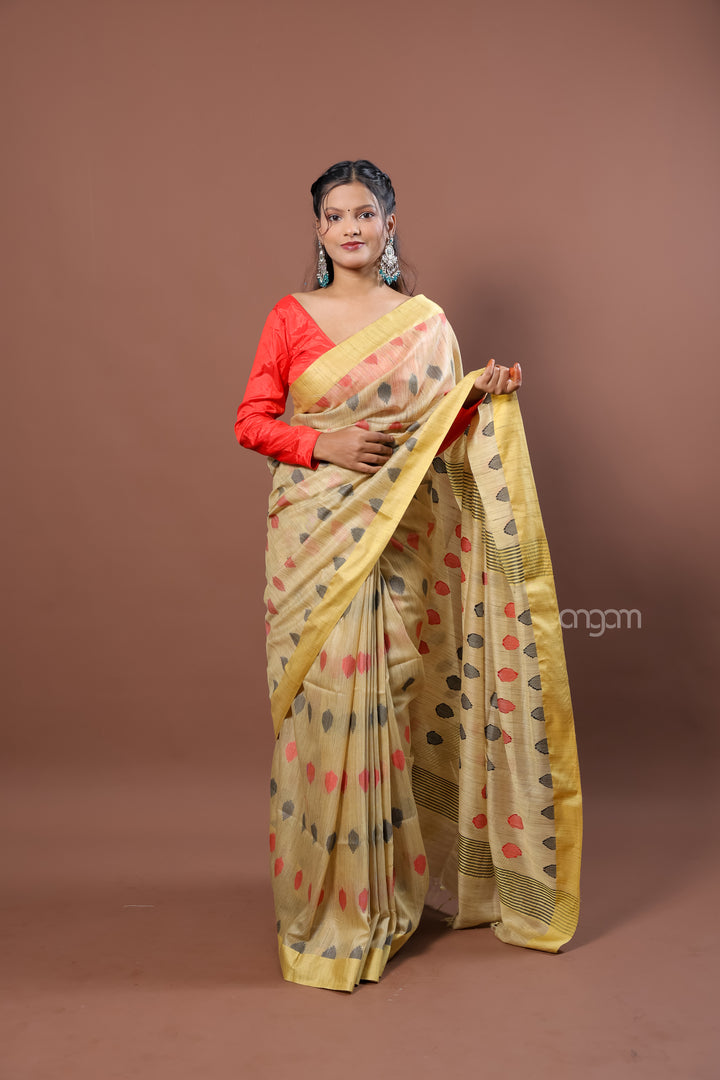Banswara Handwoven Yellow Saree with Abstract Multicolor Motifs Elegance