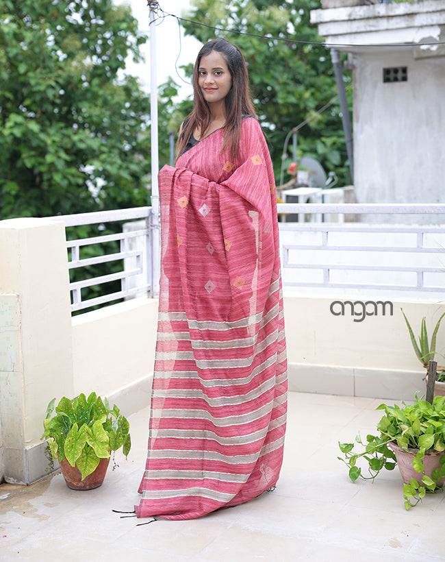 Graceful Pink Art Silk Saree with Silver and Gold Motifs