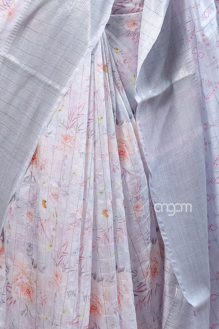 Soft Grey Kota Viscose Digital Print Saree with Floral Patterns