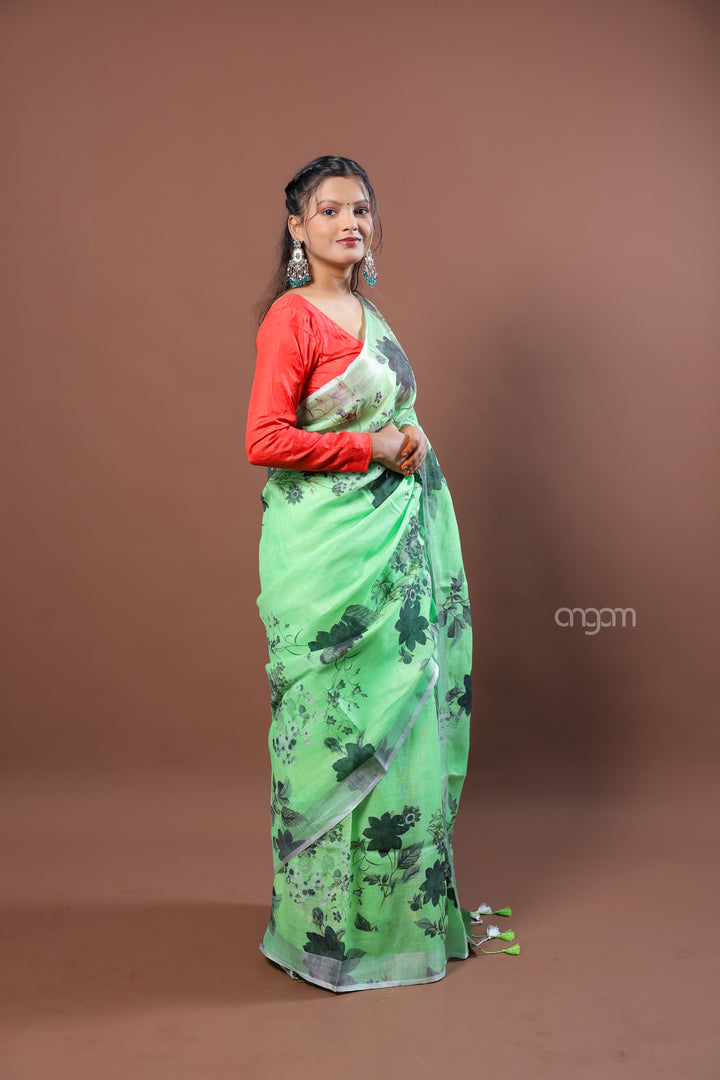 Light Green Linen Digital Print Saree with Floral Motifs