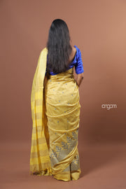 Yellow Banswara Cotton Saree with Elegant Embroidery and Striped Design