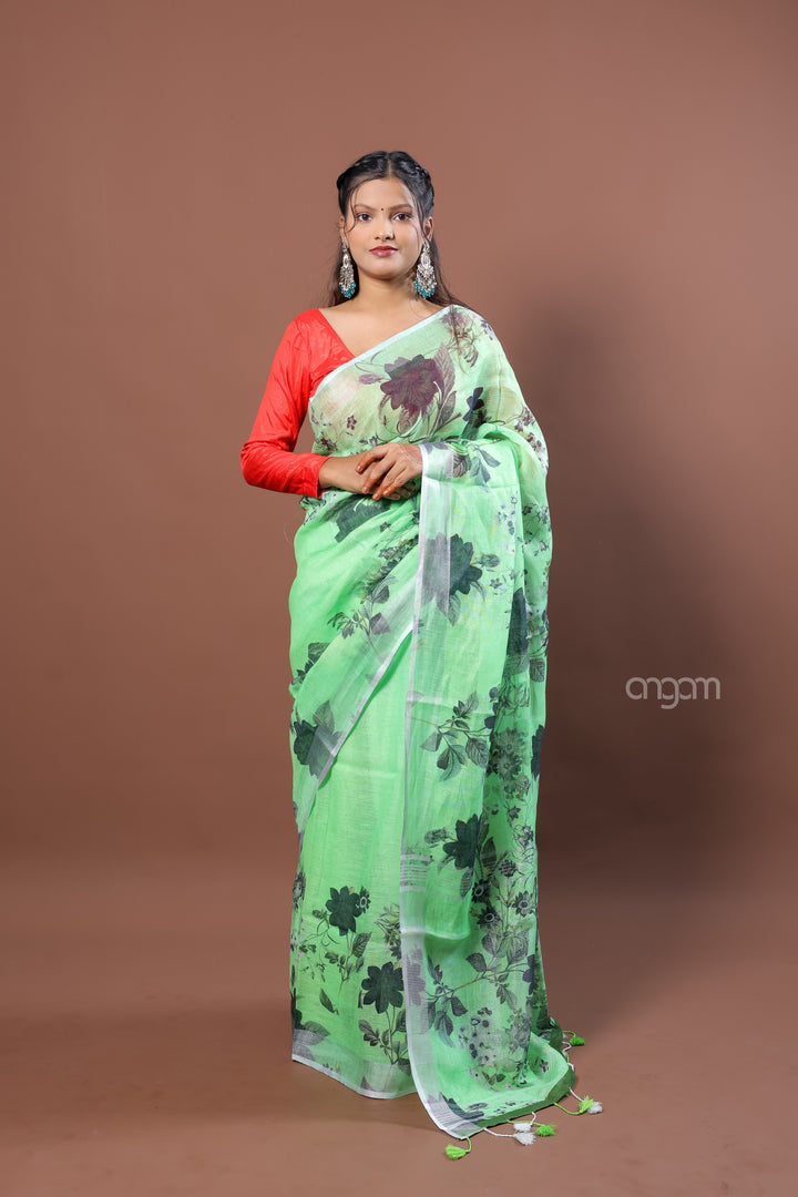 Light Green Linen Digital Print Saree with Floral Motifs