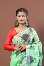 Load image into Gallery viewer, Light Green Linen Digital Print Saree with Floral Motifs
