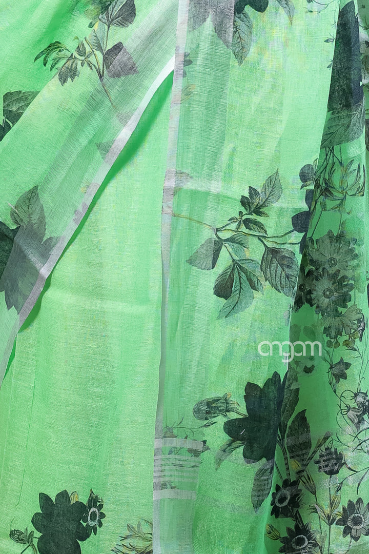 Light Green Linen Digital Print Saree with Floral Motifs