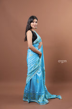 Load image into Gallery viewer, Elegant Sky Blue Cotton Silk Saree with Intricate Golden Motifs
