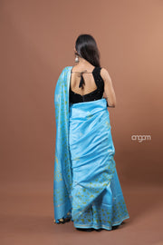 Elegant Sky Blue Cotton Silk Saree with Intricate Golden Motifs