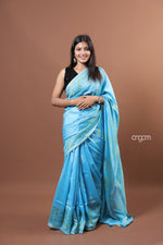 Load image into Gallery viewer, Elegant Sky Blue Cotton Silk Saree with Intricate Golden Motifs
