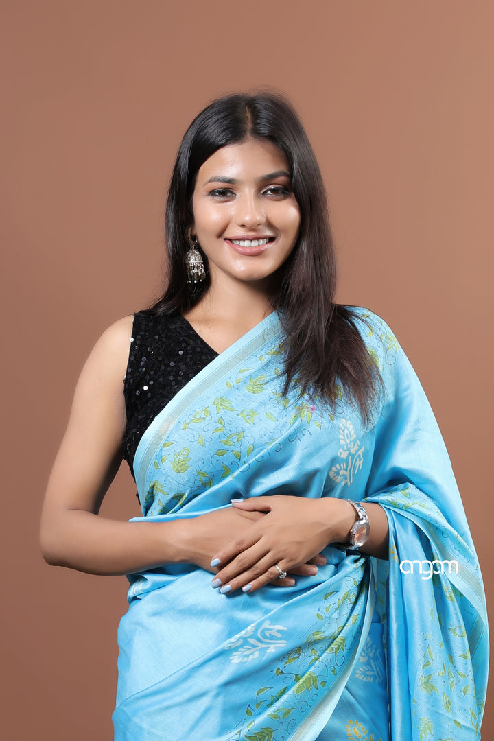 Elegant Sky Blue Cotton Silk Saree with Intricate Golden Motifs