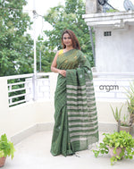 Load image into Gallery viewer, Elegant Green Art Silk Saree with Silver Stripes and Motifs

