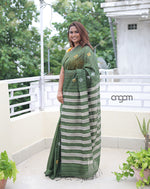 Load image into Gallery viewer, Elegant Green Art Silk Saree with Silver Stripes and Motifs
