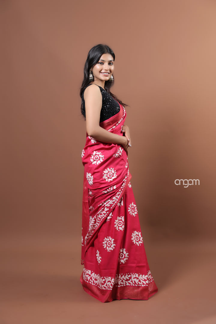 Kolika Red Mercerised Cotton Saree with Elegant White Prints