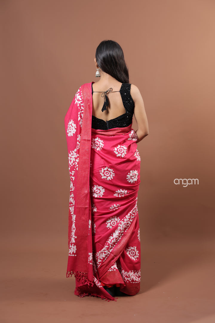 Kolika Red Mercerised Cotton Saree with Elegant White Prints