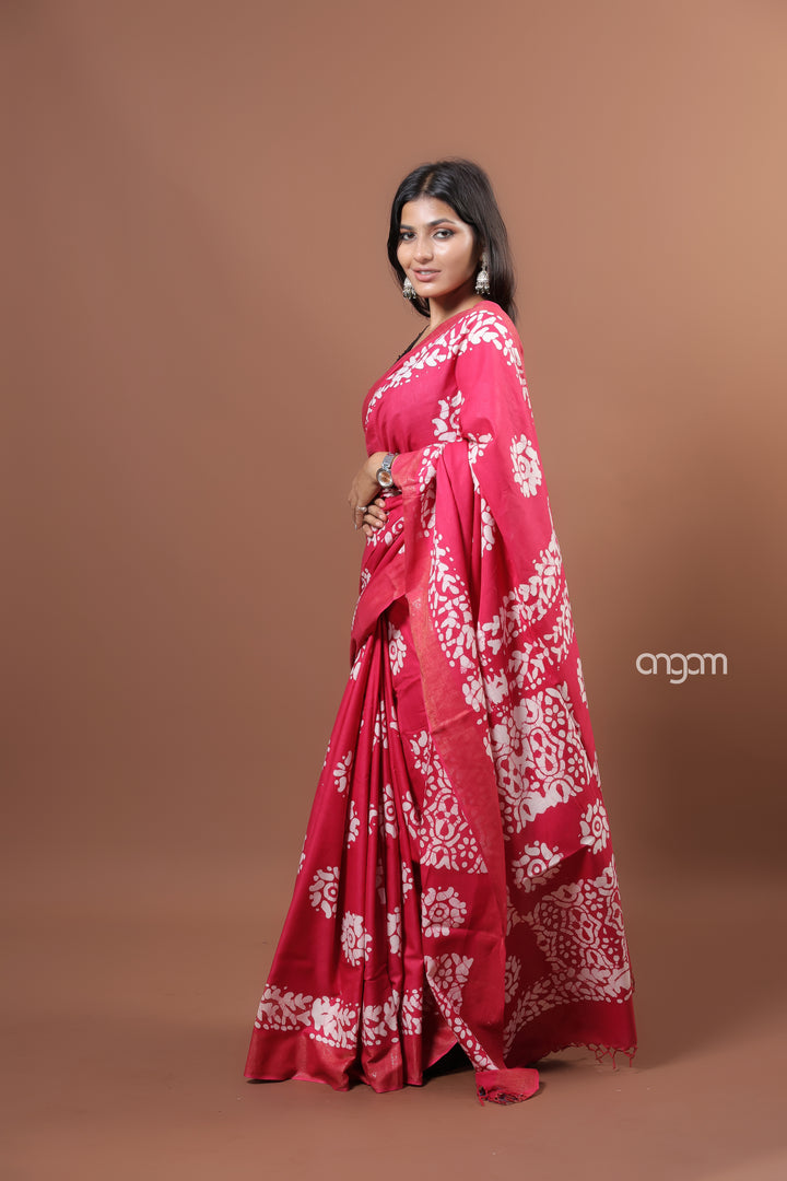Kolika Red Mercerised Cotton Saree with Elegant White Prints