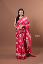 Load image into Gallery viewer, Kolika Red Mercerised Cotton Saree with Elegant White Prints
