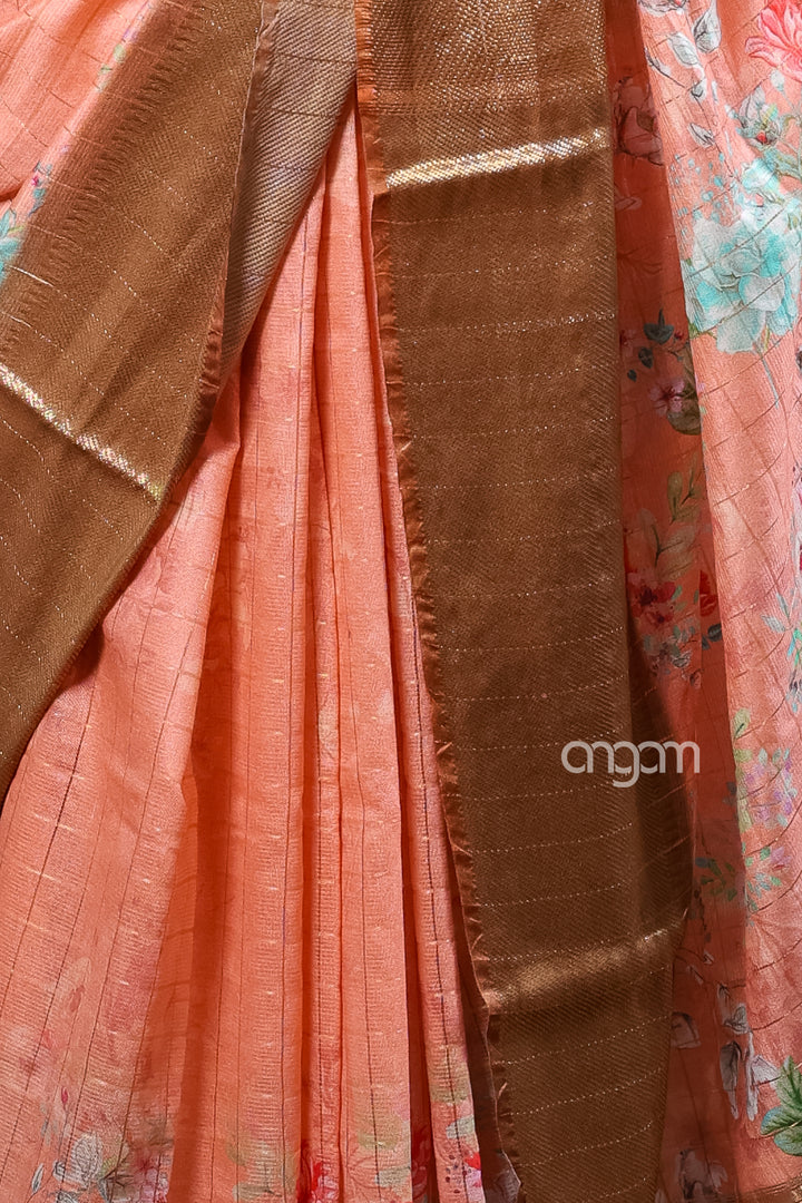Elegant Peach Kota Viscose Digital Print Saree with Golden Border